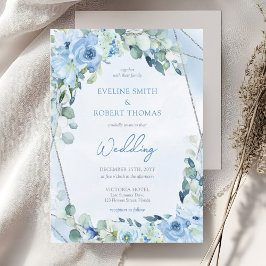 Boho blue blommigt eucalyptus och silver bröllop inbjudningar
