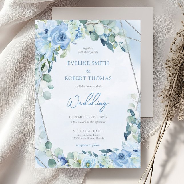 Boho blue blommigt eucalyptus och silver bröllop inbjudningar (Boho light blue flowers mixed fresh eucalyptus and silver glitter frame wedding invitation)