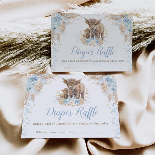 Boho Blue Blommigt Highland Cow Diaper Raffle Tilläggskort