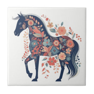 Boho Blue Blommigt Horse Scandinavian Folk Art Kakelplatta
