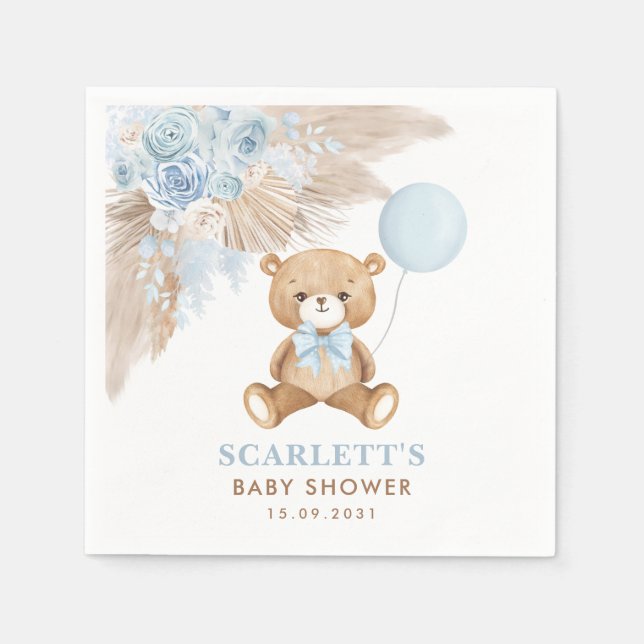 Boho Blue Blommigt Nalle Pojke Shower Pappersservett (Framsidan)
