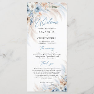 Boho Blue Blommigt och Ivory Ro Pampas bröllop Program