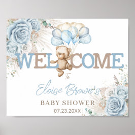 Boho Blue Blommigt Pampas Bear Baby Shower Välkomm Poster