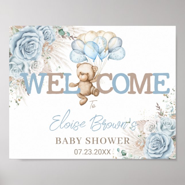 Boho Blue Blommigt Pampas Bear Baby Shower Välkomm Poster (Framsidan)
