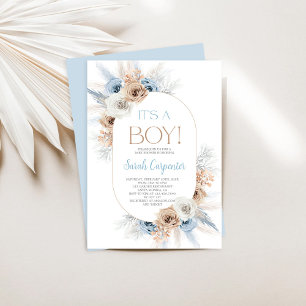Boho Blue Blommigt Pampas Grass Baby Shower Boy Inbjudningar