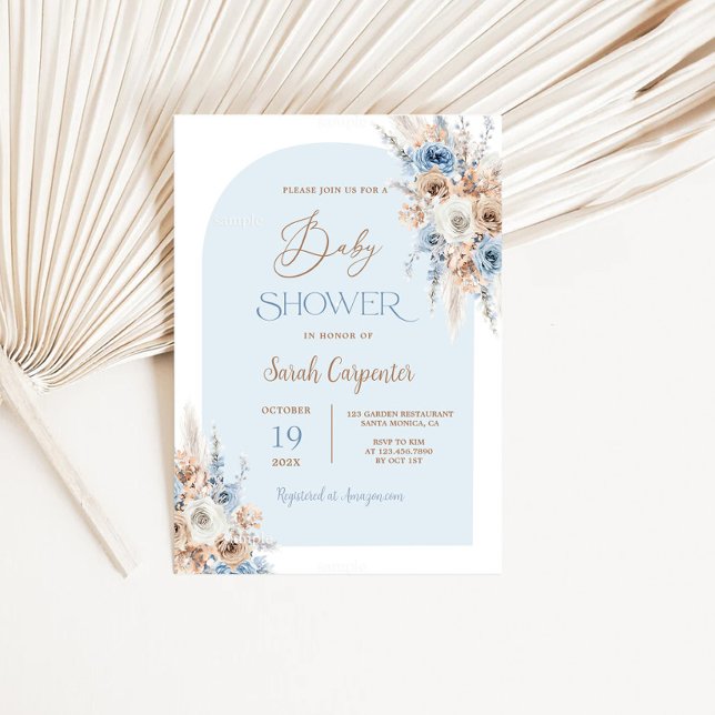 Boho Blue Blommigt Pampas Grass Baby Shower Boy Inbjudningar (Skapare uppladdad)