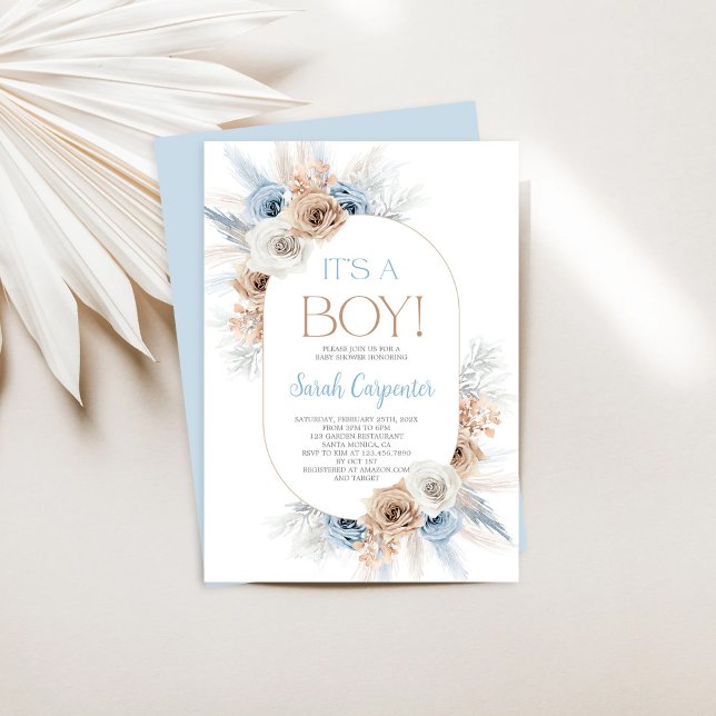 Boho Blue Blommigt Pampas Grass Baby Shower Boy Inbjudningar (Skapare uppladdad)