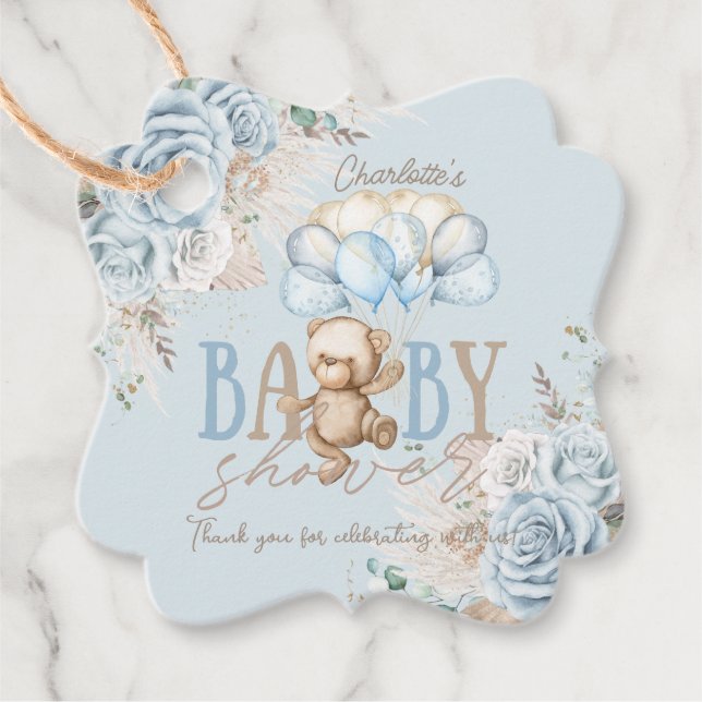 Boho Blue Blommigt Pampas Nalle Boy Shower Gåvor Etiketter (Framsida)