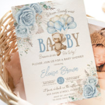Boho Blue Blommigt Pampas Nalle Boy Shower