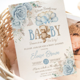 Boho Blue Blommigt Pampas Nalle Boy Shower Inbjudningar