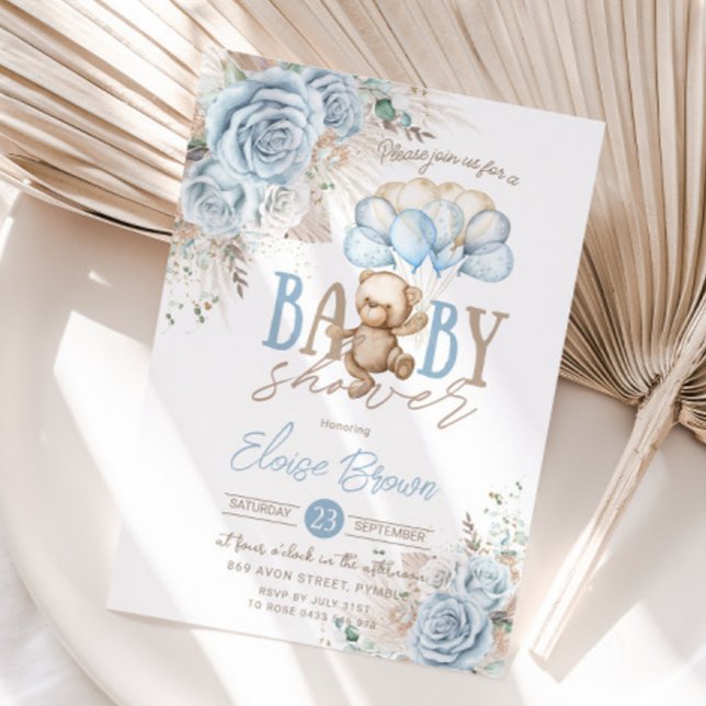 Boho Blue Blommigt Pampas Nalle Boy Shower Inbjudningar (Skapare uppladdad)