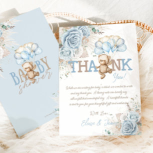 Boho Blue Blommigt Pampas Nalle Boy Shower Tack Kort