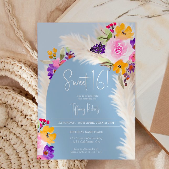 Boho blue blommigt pampas ökarch Söt 16 Inbjudningar (Boho blue floral pampas desert arch Sweet 16 Invitation)