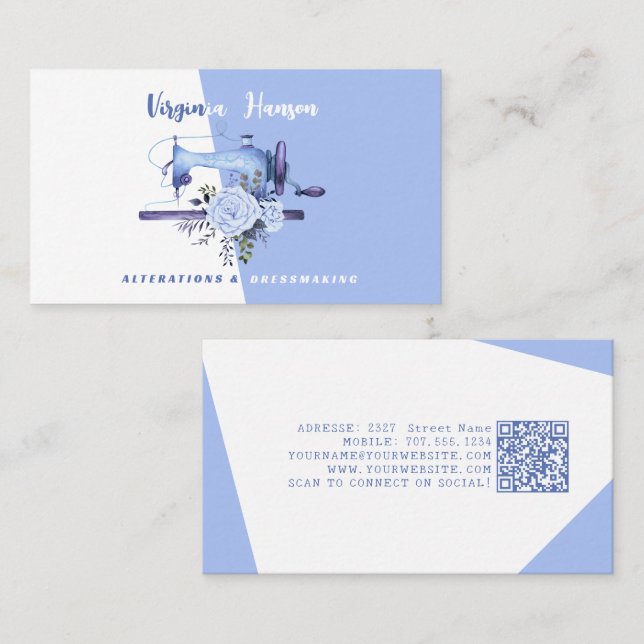 Boho Blue Blommigt Seamstress Sewing Maskin Tailor Visitkort (Fram/baksida)