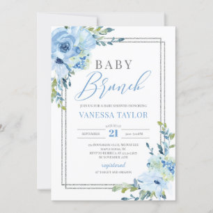 Boho blue blommigt silver glitter ram baby brunch inbjudningar