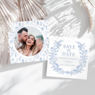 Boho blue blommigt Spara fotoinbjudan till Datumfo
