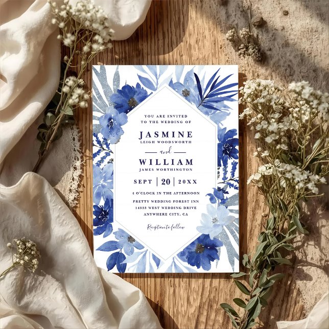 Boho Blue Bouquet Floral Elegant QR Code Wedding Inbjudningar (Skapare uppladdad)