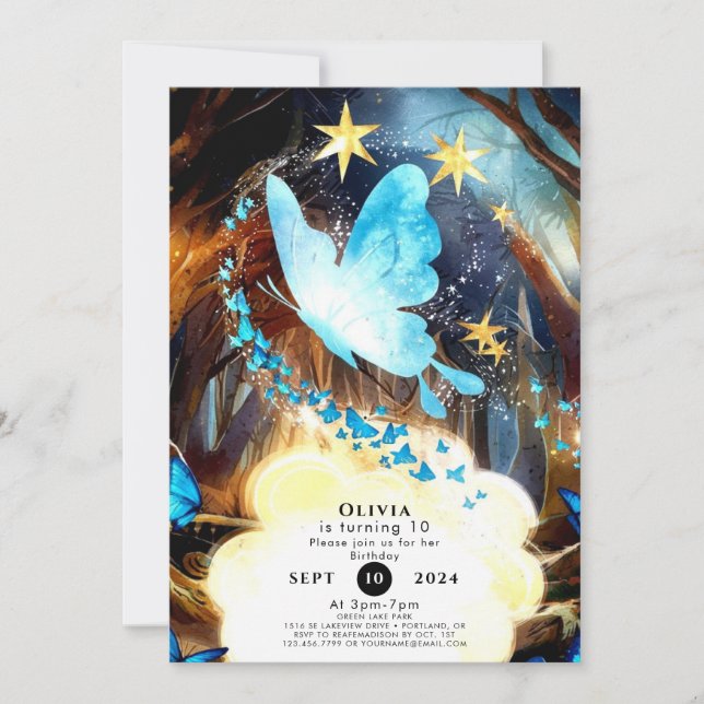 Boho Blue Butterfly Birthday Inbjudningar (Framsida)