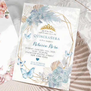 Boho Blue Butterfly Geometric Quinceañera Inbjudningar