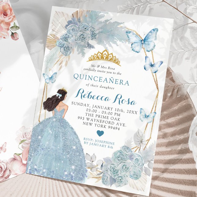 Boho Blue Butterfly Mexican Princesa Quinceañera Inbjudningar (Skapare uppladdad)