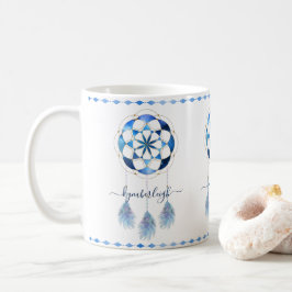 Boho Blue Celestial Mandala Dreamcatcher Monogram Kaffemugg