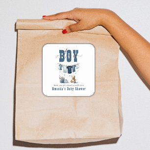 Boho Blue Clothesline Sweet its a Boy Baby Shower Fyrkantigt Klistermärke