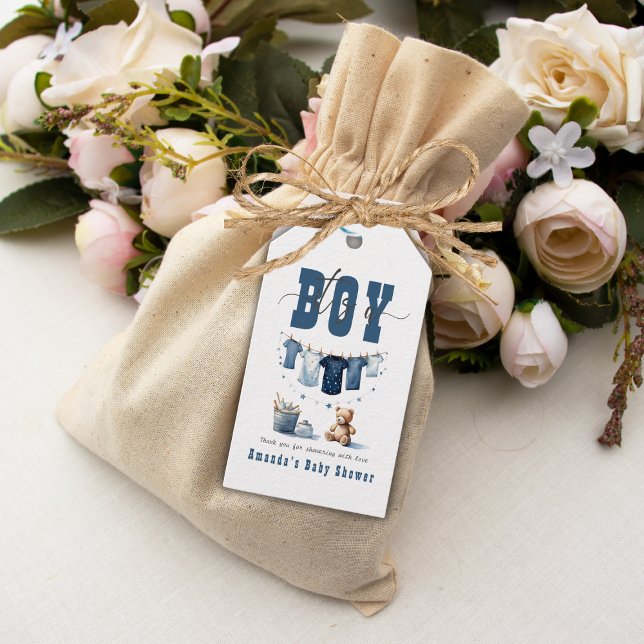 Boho Blue Clothesline Sweet its a Boy Baby Shower Presentetikett (Skapare uppladdad)