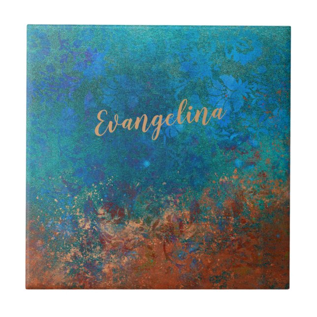 Boho Blue Copper Rustic Kakelplatta (Framsidan)