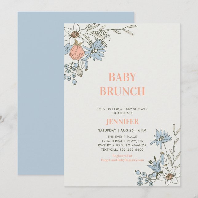 Boho Blue & Coral Blommigt Baby Brunch Shower Inbjudningar (Fram/baksida)