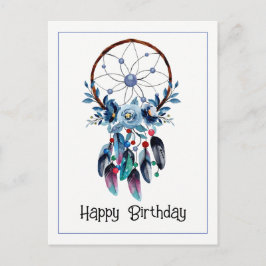 Boho Blue Dreamcatcher Feather Blommigt Lycklig Bd Vykort