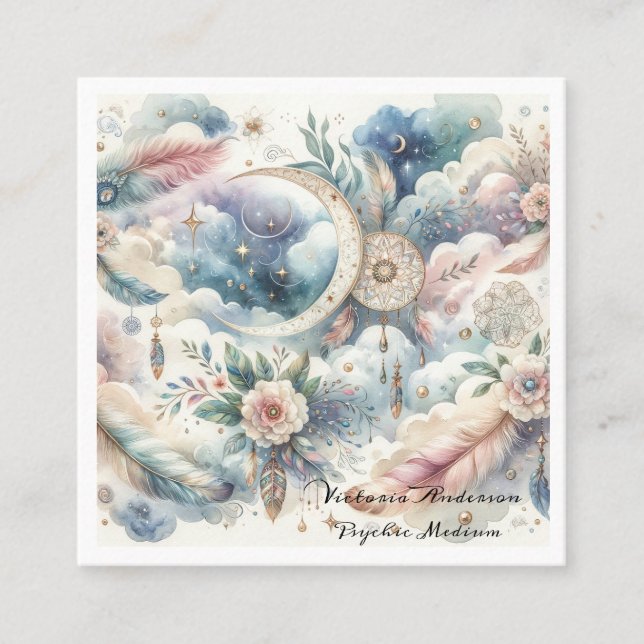 Boho Blue Dreamcatcher Psychic Reading Logotyp Fyrkantigt Visitkort (Framsida)