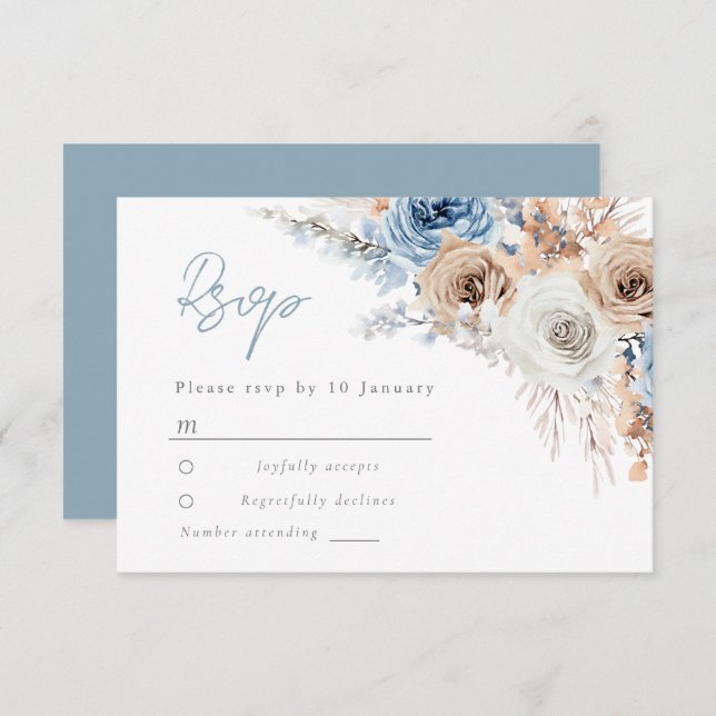 Boho Blue: Dusty Blue Bohemian Blommigt Bröllop OSA Kort (Fram/baksida)