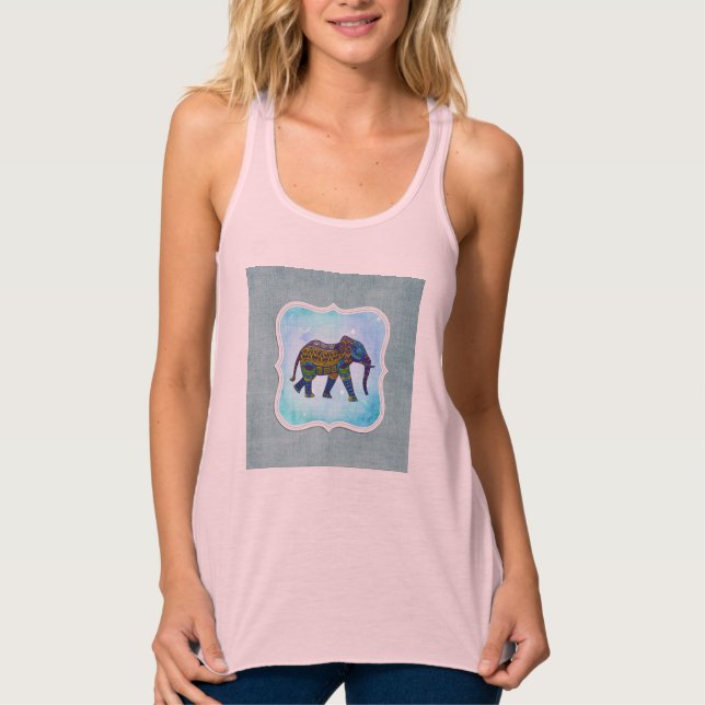 Boho Blue Elephant Linne Med Racerback (Framsida)