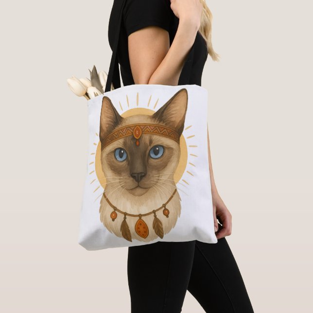 Boho Blue-Eyed Cat Tote Bag Tygkasse (Närbild)