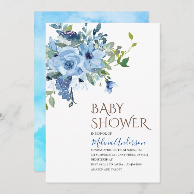 Boho Blue Flowesr vattenfärgsbabydusch Inbjudningar (Fram/baksida)