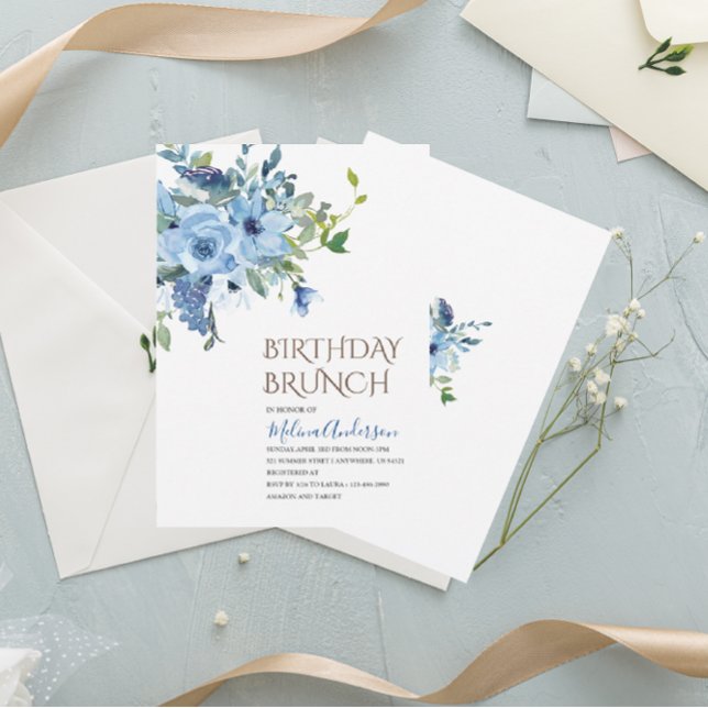 Boho Blue Flowesr vattenfärgsfödelsedagsbrunch Inbjudningar (Skapare uppladdad)