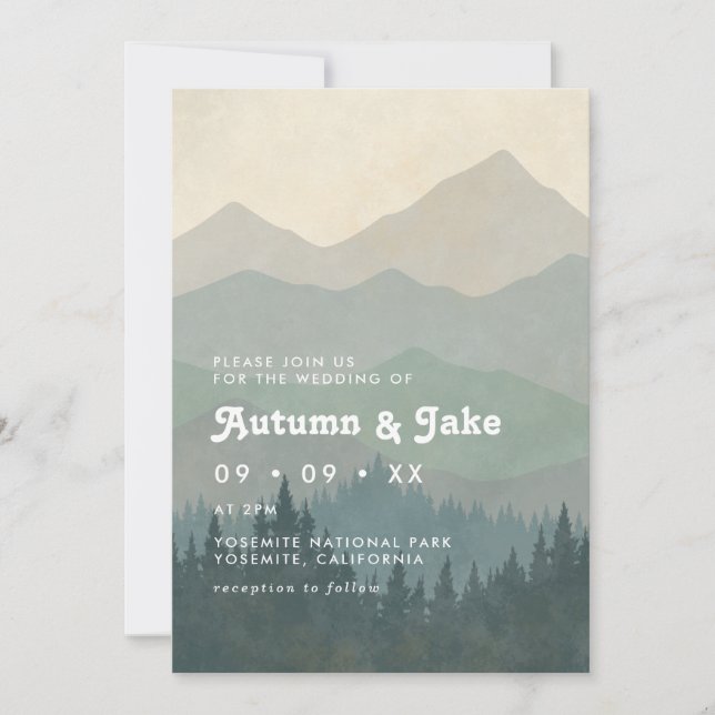 Boho Blue Forest Mountains Retro Bröllop  Inbjudningar (Framsida)