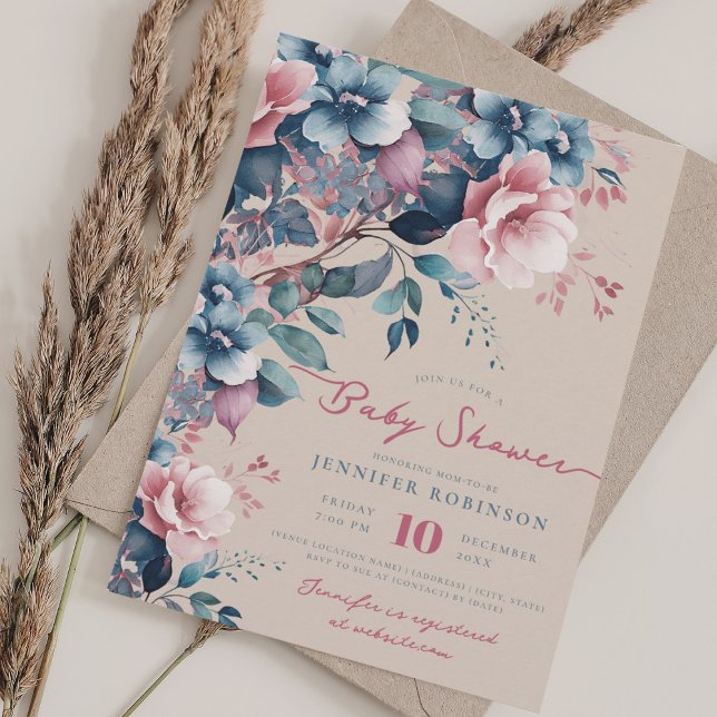 Boho Blue Garden Blommigt Baby Shower Champagne Inbjudningar (Boho Blue Garden Floral Baby Shower Champagne Invitation)