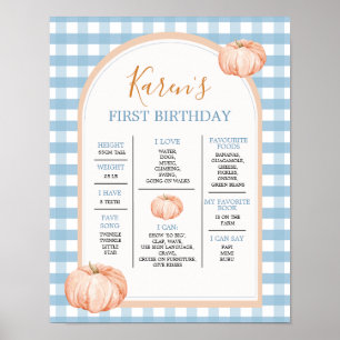 Boho Blue Gingham 1:a året Fact Sign Birthday Poster