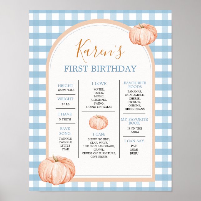 Boho Blue Gingham 1:a året Fact Sign Birthday Poster (Framsidan)