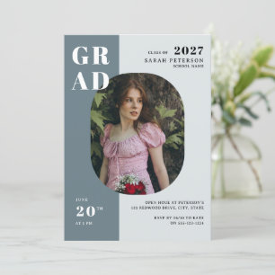 Boho Blue Grått Bold Typography Photo Studenten Inbjudningar