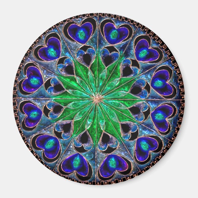 Boho Blue Grönt Heart Mandala Magnet (Framsidan)