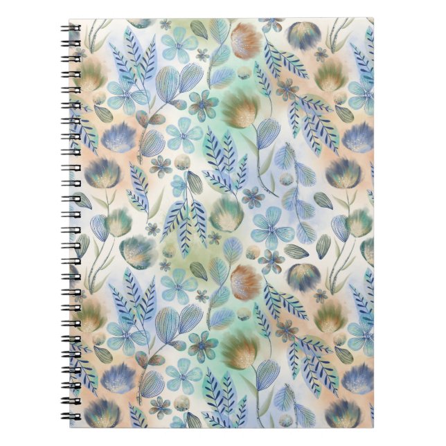 Boho Blue Grönt Whimsical Blommigt Botanical Anteckningsbok (Framsidan)
