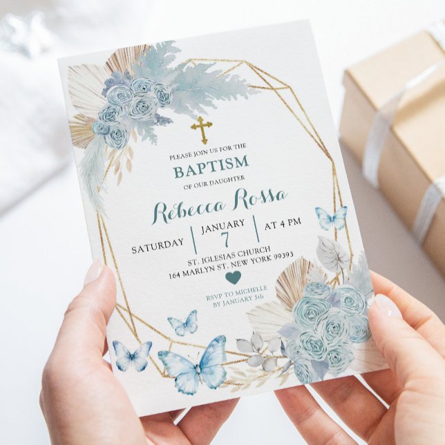 Boho Blue Guld Blommigt Butterfly Geometric Baptis Inbjudningar (Skapare uppladdad)