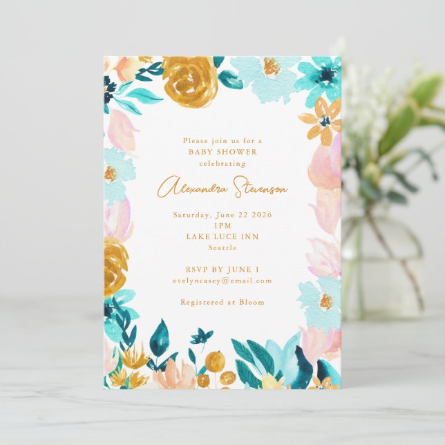 Boho Blue Guld Blommigt Ram Gräns Baby Shower Inbjudningar (Stående Fram)