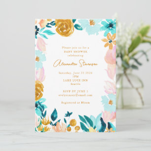 Boho Blue Guld Blommigt Ram Gräns Baby Shower Inbjudningar