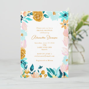 Boho Blue Guld Blommigt Ram Gräns Möhippa Inbjudningar