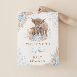Boho Blue Highland Cow Pojke Shower Välkommen Poster