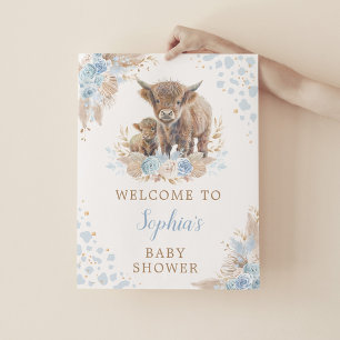 Boho Blue Highland Cow Pojke Shower Välkommen Poster