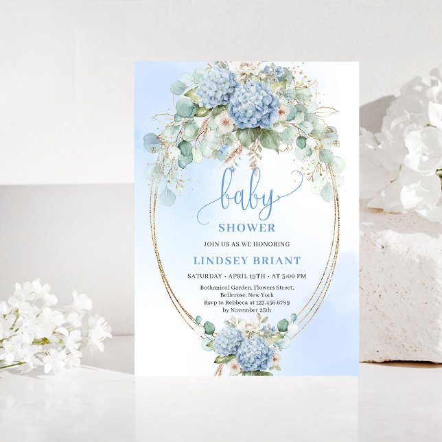 Boho Blue Hydrangea Baby Shower Gold Invitation Inbjudningar (Boho Blue Hydrangea Baby Shower Gold Invitation)